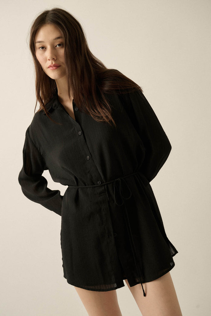 One Last Time Striped Chiffon Belted Shirt Romper - ShopPromesa