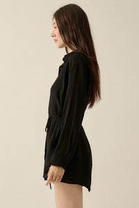 One Last Time Striped Chiffon Belted Shirt Romper - ShopPromesa