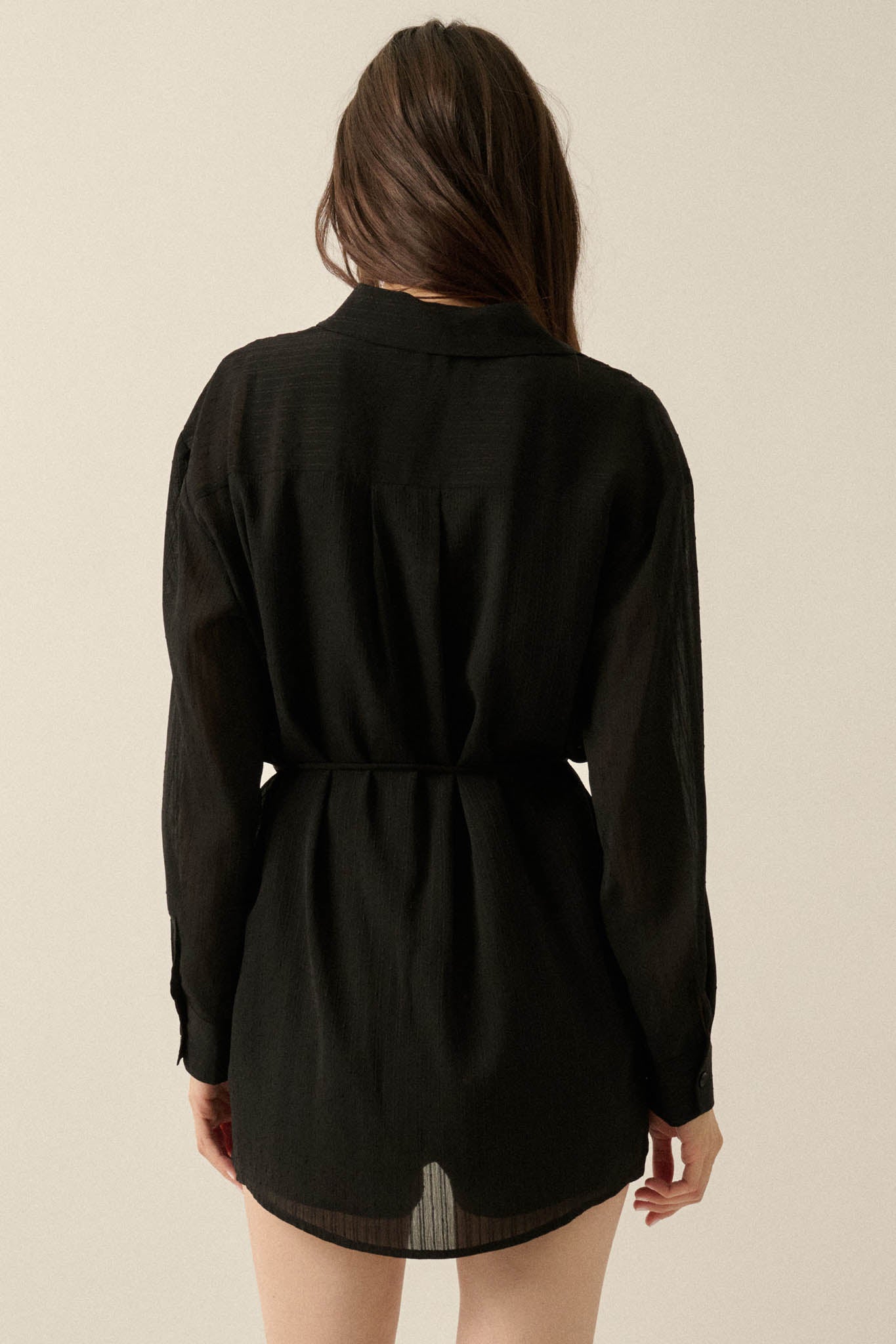One Last Time Striped Chiffon Belted Shirt Romper - ShopPromesa