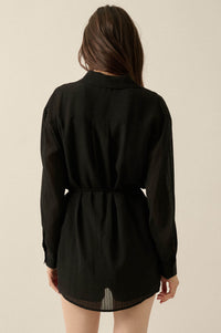 One Last Time Striped Chiffon Belted Shirt Romper - ShopPromesa