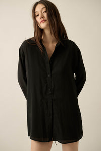 One Last Time Striped Chiffon Belted Shirt Romper - ShopPromesa