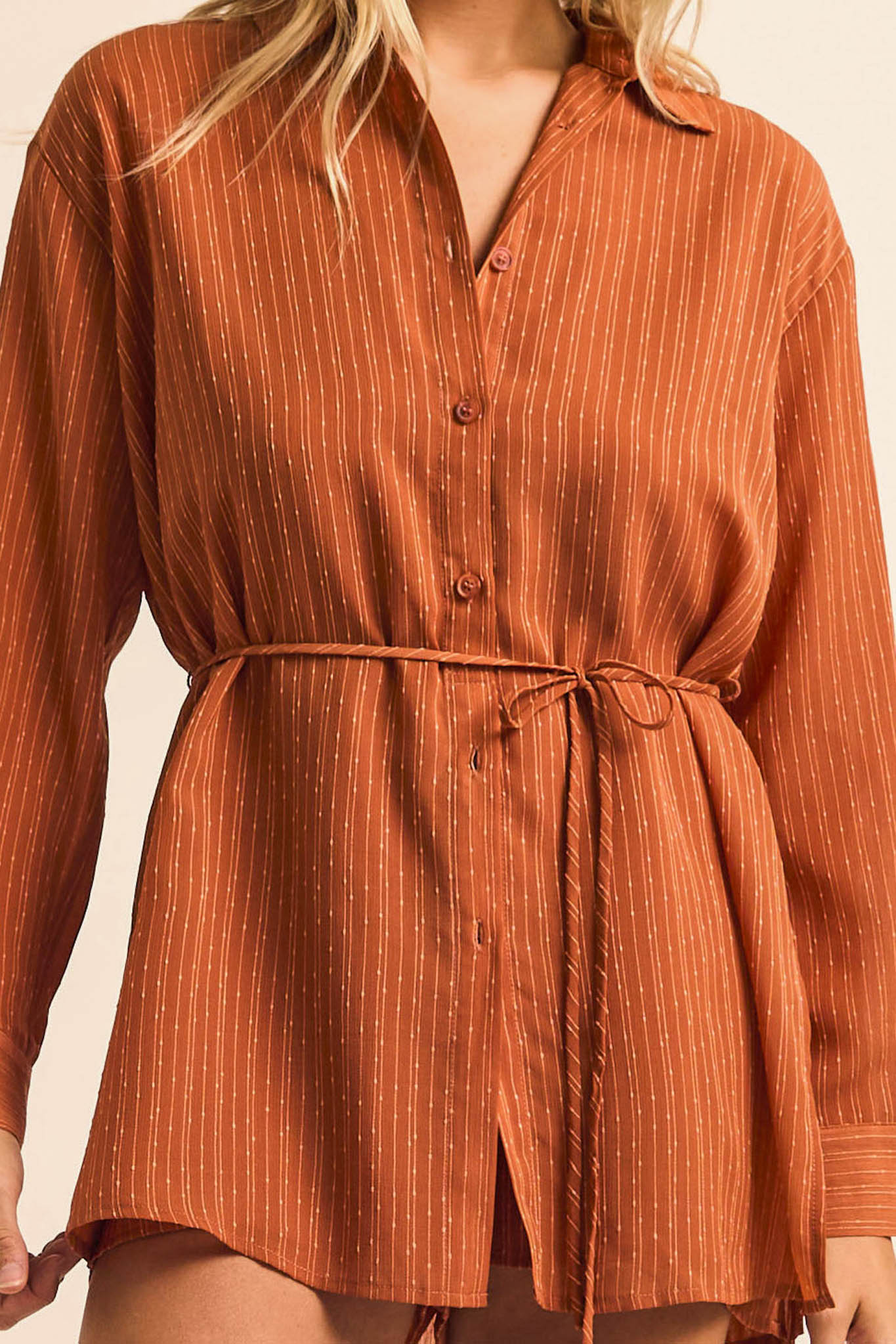 One Last Time Striped Chiffon Belted Shirt Romper - ShopPromesa