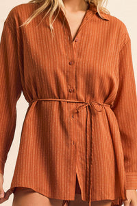 One Last Time Striped Chiffon Belted Shirt Romper - ShopPromesa