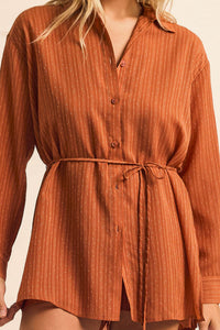 One Last Time Striped Chiffon Belted Shirt Romper - ShopPromesa