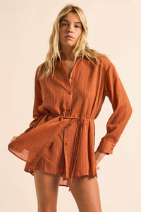 One Last Time Striped Chiffon Belted Shirt Romper - ShopPromesa