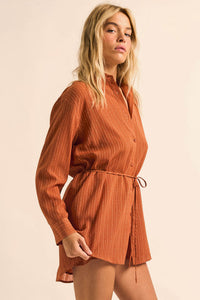 One Last Time Striped Chiffon Belted Shirt Romper - ShopPromesa