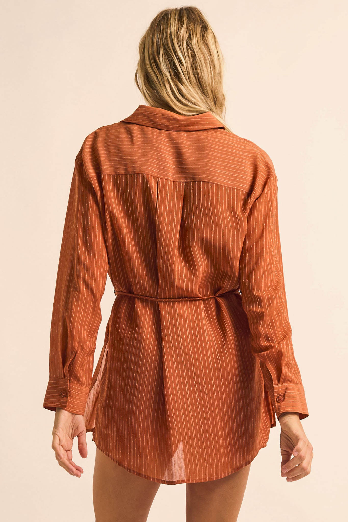 One Last Time Striped Chiffon Belted Shirt Romper - ShopPromesa