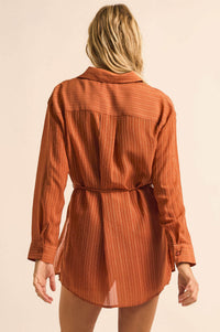 One Last Time Striped Chiffon Belted Shirt Romper - ShopPromesa