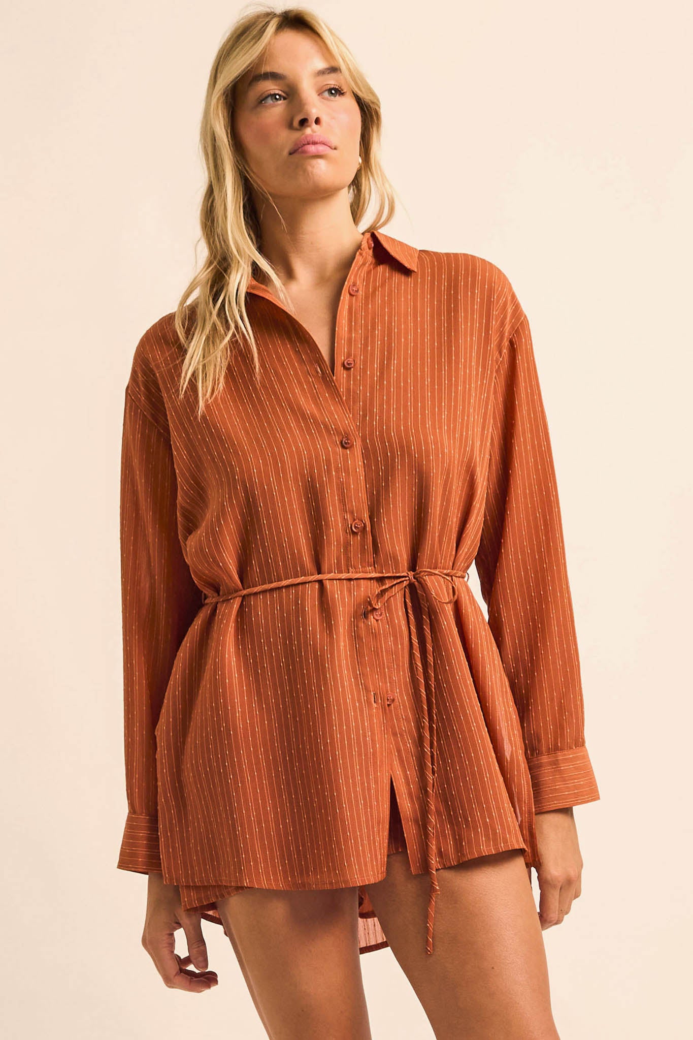 One Last Time Striped Chiffon Belted Shirt Romper - ShopPromesa