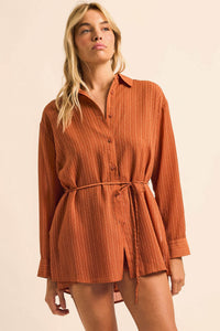 One Last Time Striped Chiffon Belted Shirt Romper - ShopPromesa