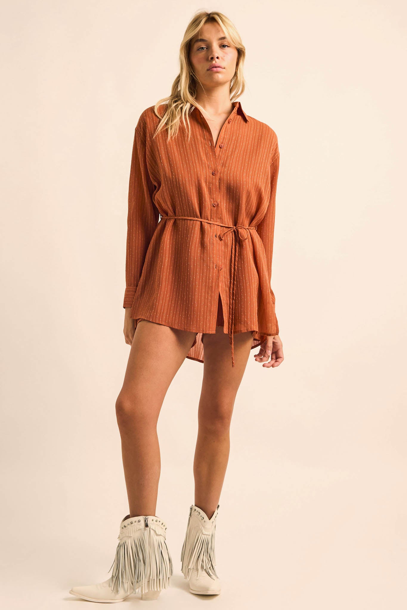 One Last Time Striped Chiffon Belted Shirt Romper - ShopPromesa