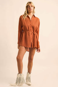 One Last Time Striped Chiffon Belted Shirt Romper - ShopPromesa