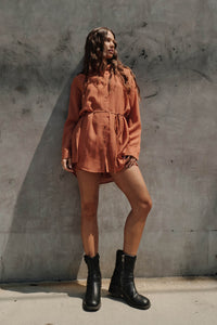 One Last Time Striped Chiffon Belted Shirt Romper - ShopPromesa