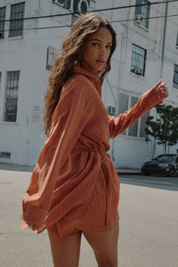 One Last Time Striped Chiffon Belted Shirt Romper - ShopPromesa