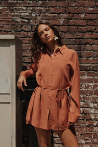 One Last Time Striped Chiffon Belted Shirt Romper - ShopPromesa