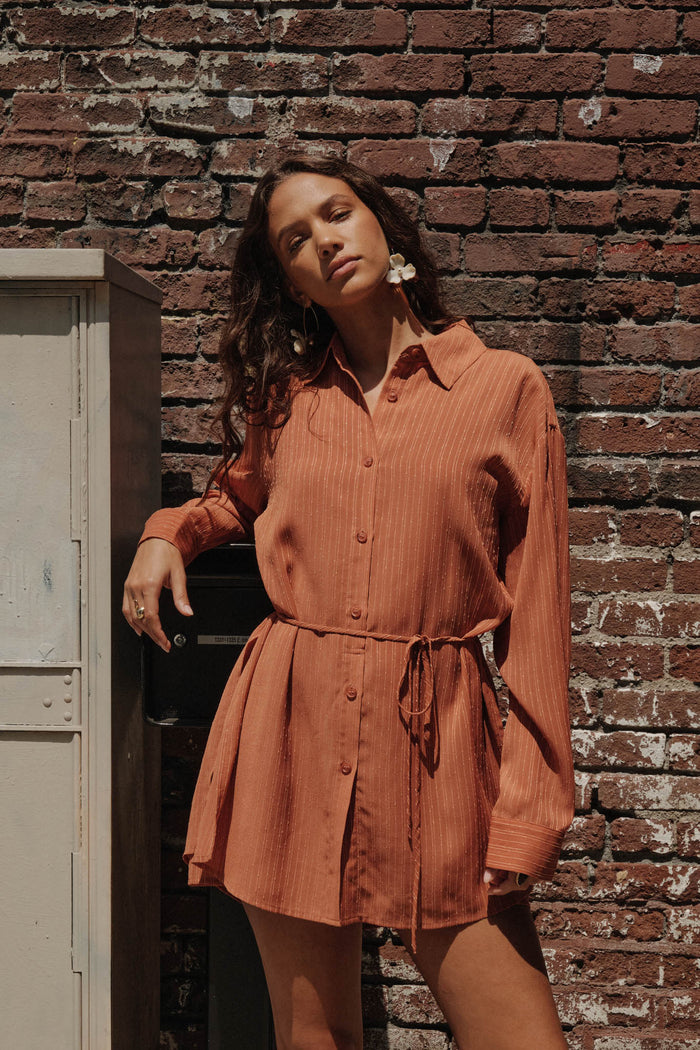 One Last Time Striped Chiffon Belted Shirt Romper - ShopPromesa