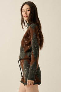 Diamond Girl Argyle Mock-Neck Sweater Romper - ShopPromesa