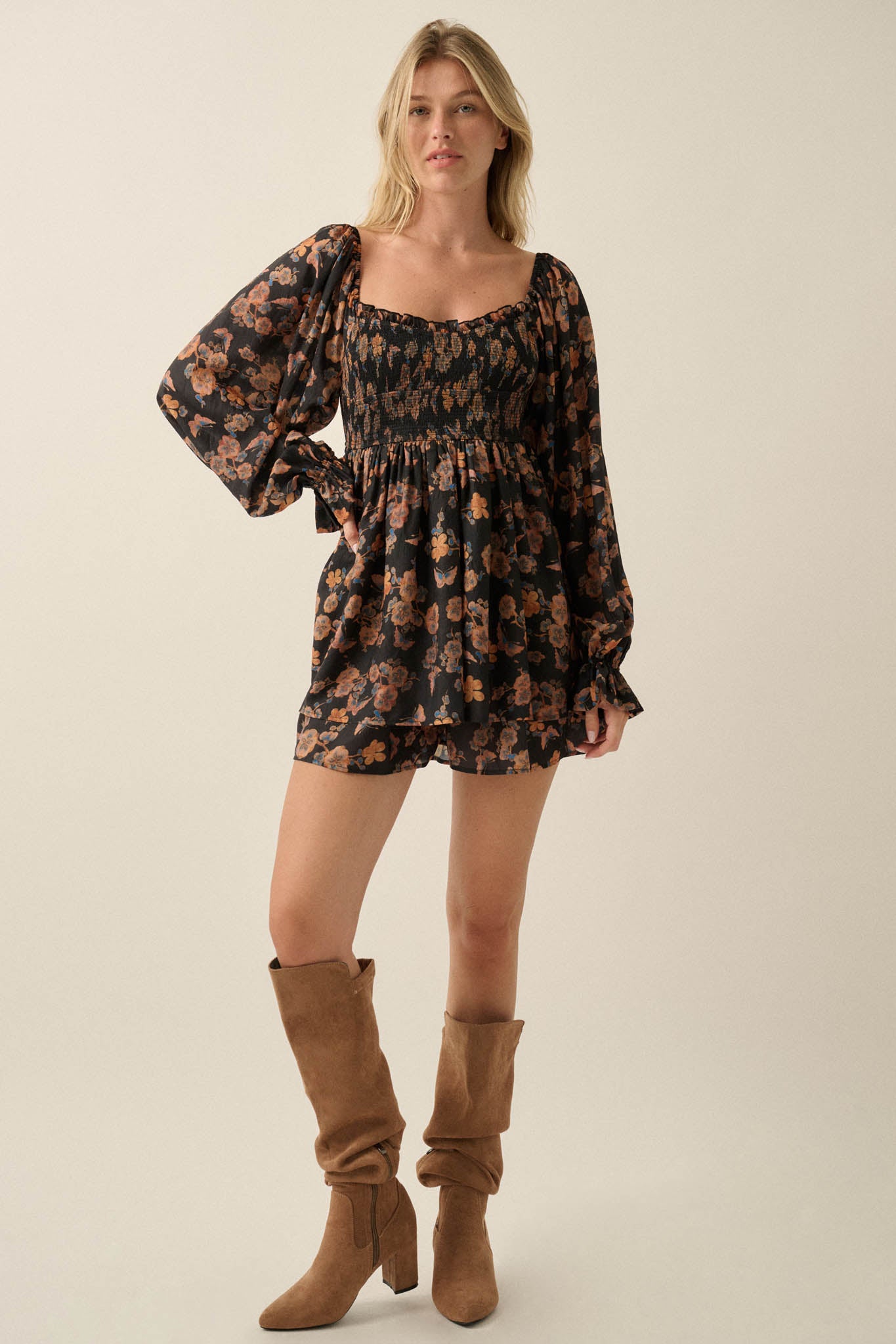 Butterfly Beauty Floral Smocked Peasant Romper - ShopPromesa