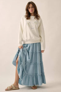 Feeling Blue Denim Raw-Edge Tiered Maxi Skirt - ShopPromesa