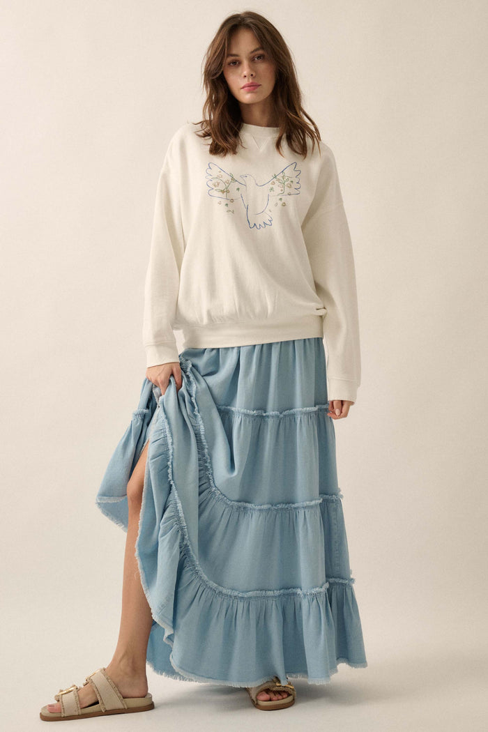 Feeling Blue Denim Raw-Edge Tiered Maxi Skirt - ShopPromesa