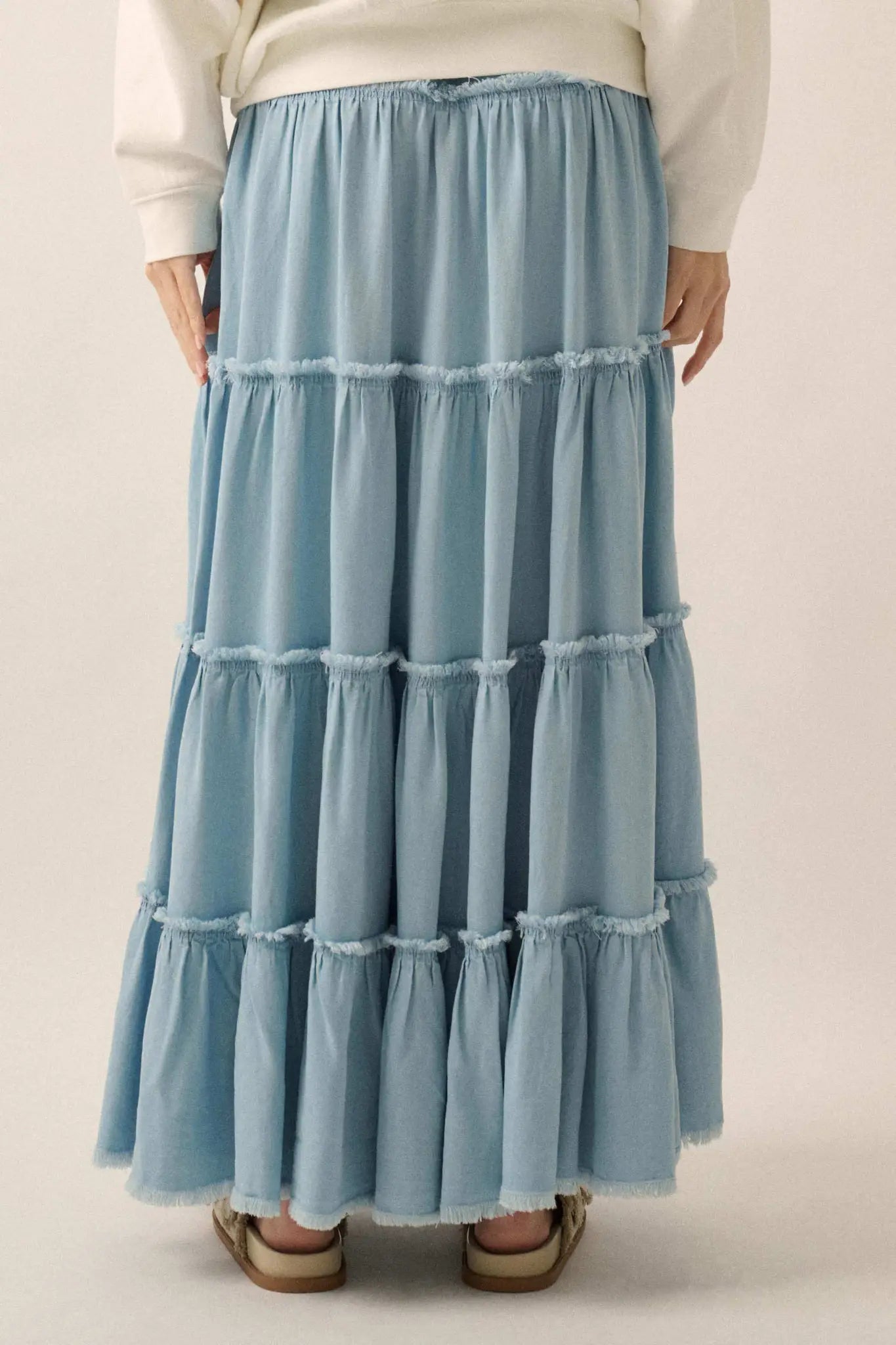 Feeling Blue Denim Raw-Edge Tiered Maxi Skirt - ShopPromesa