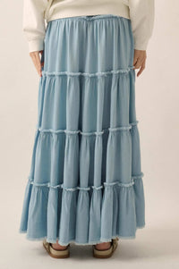 Feeling Blue Denim Raw-Edge Tiered Maxi Skirt - ShopPromesa