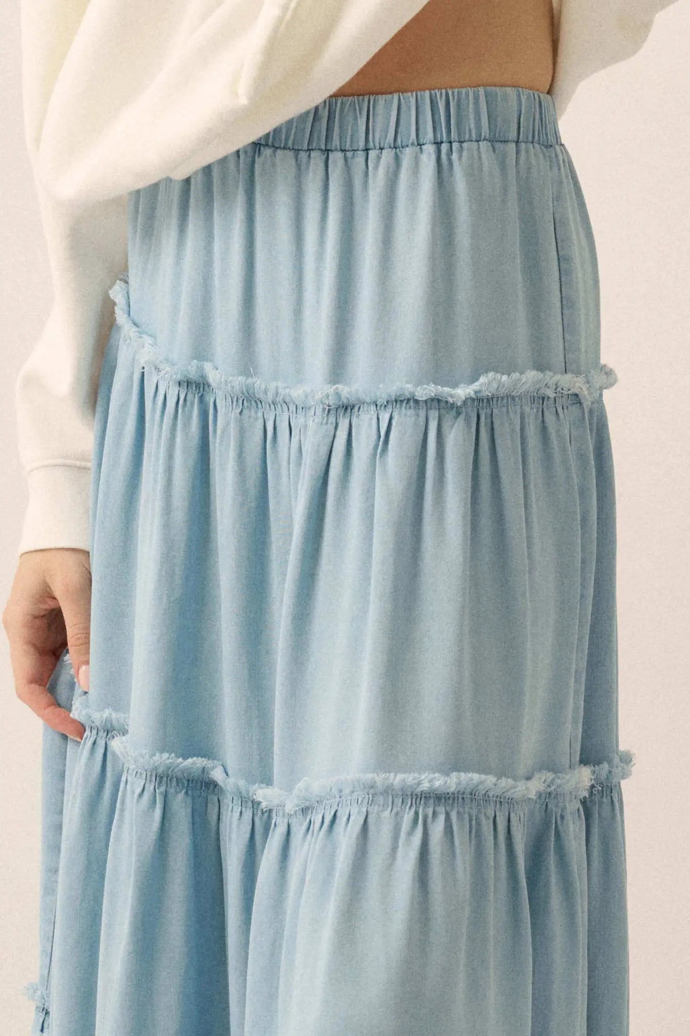 Feeling Blue Denim Raw-Edge Tiered Maxi Skirt - ShopPromesa