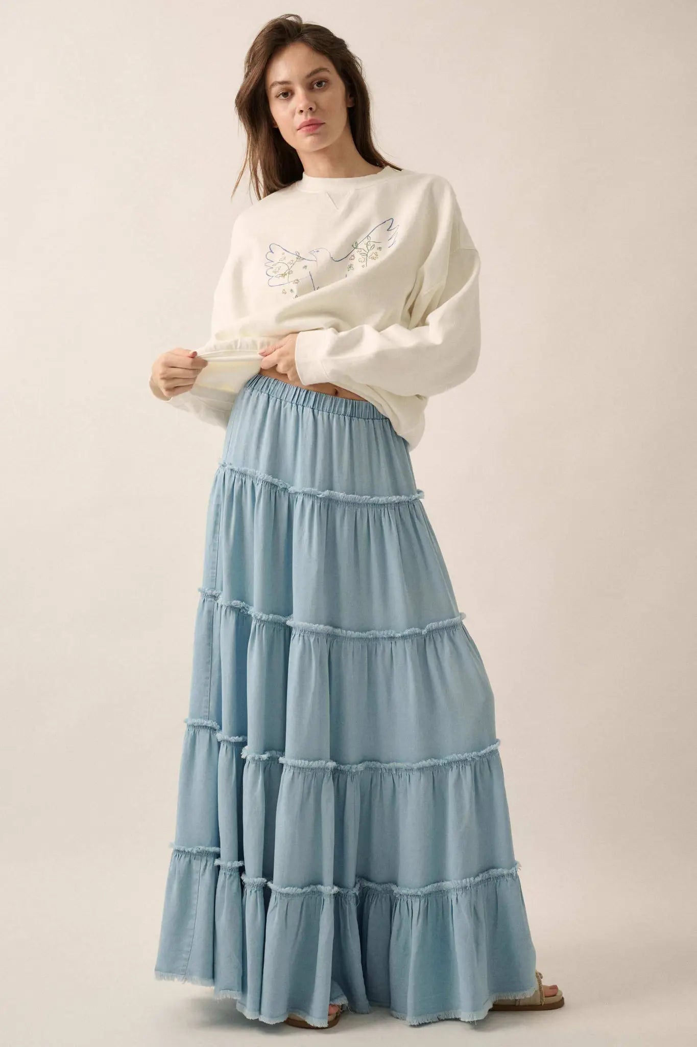 Feeling Blue Denim Raw-Edge Tiered Maxi Skirt - ShopPromesa
