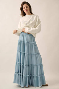 Feeling Blue Denim Raw-Edge Tiered Maxi Skirt - ShopPromesa