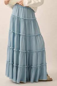 Feeling Blue Denim Raw-Edge Tiered Maxi Skirt - ShopPromesa