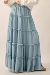 Feeling Blue Denim Raw-Edge Tiered Maxi Skirt - ShopPromesa