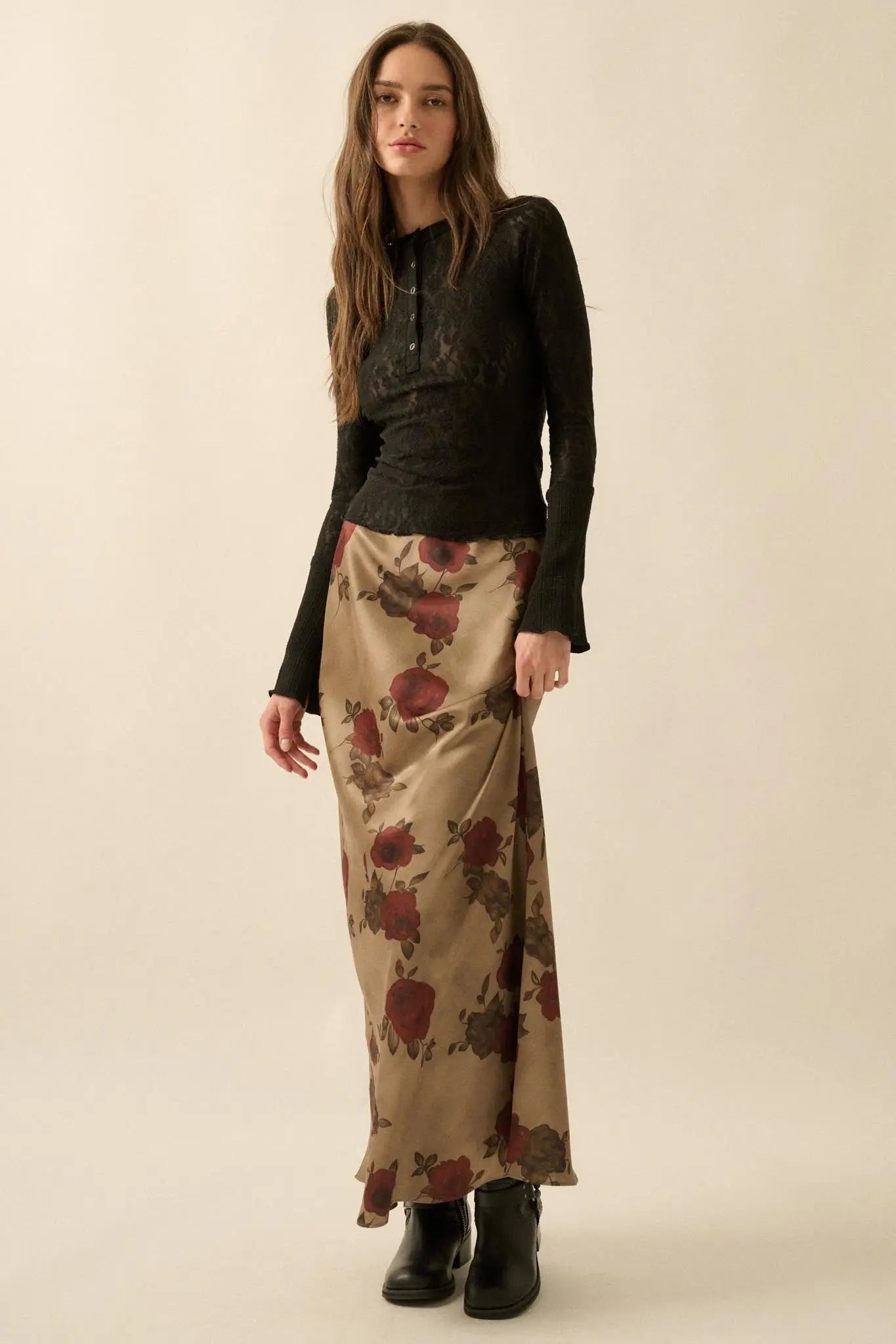Days of Beauty Bias-Cut Floral Satin Maxi Skirt - ShopPromesa