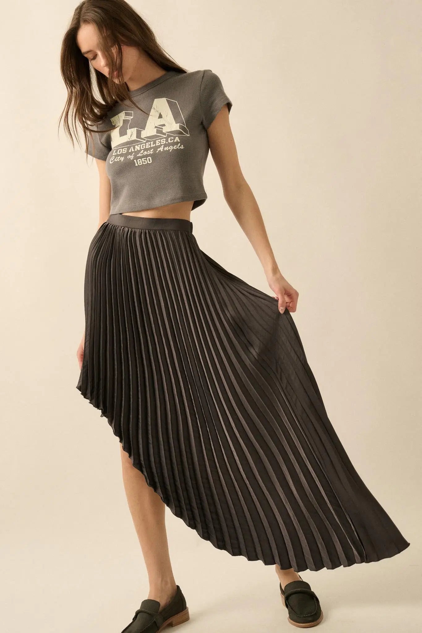 Sleek Pleats Asymmetrical Pleated Satin Skirt | ShopPromesa