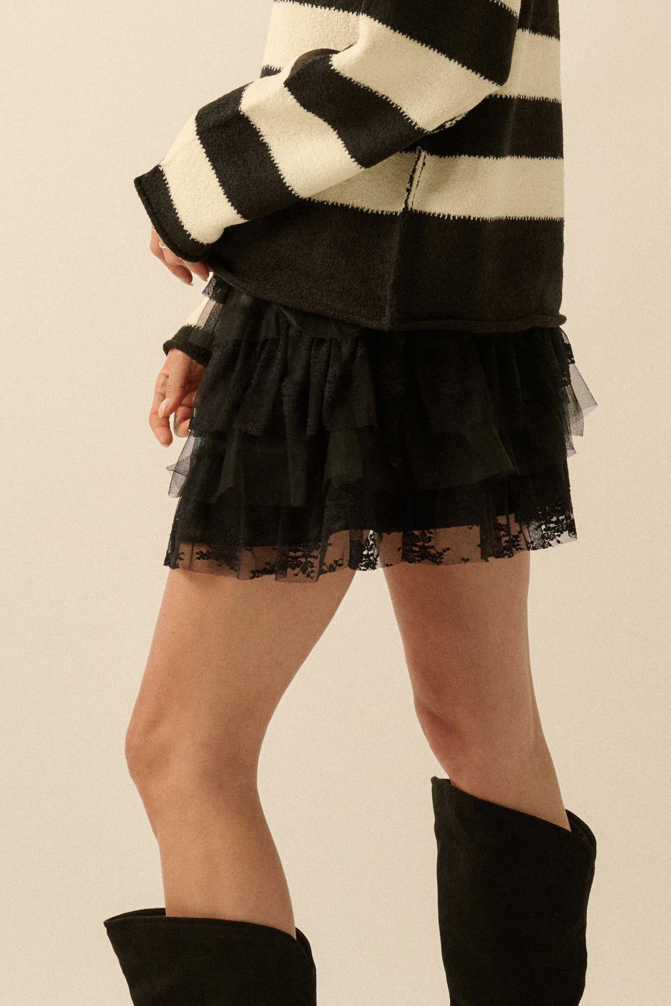 Dolled Up Lace and Mesh Tiered Ruffle Mini Skirt - ShopPromesa