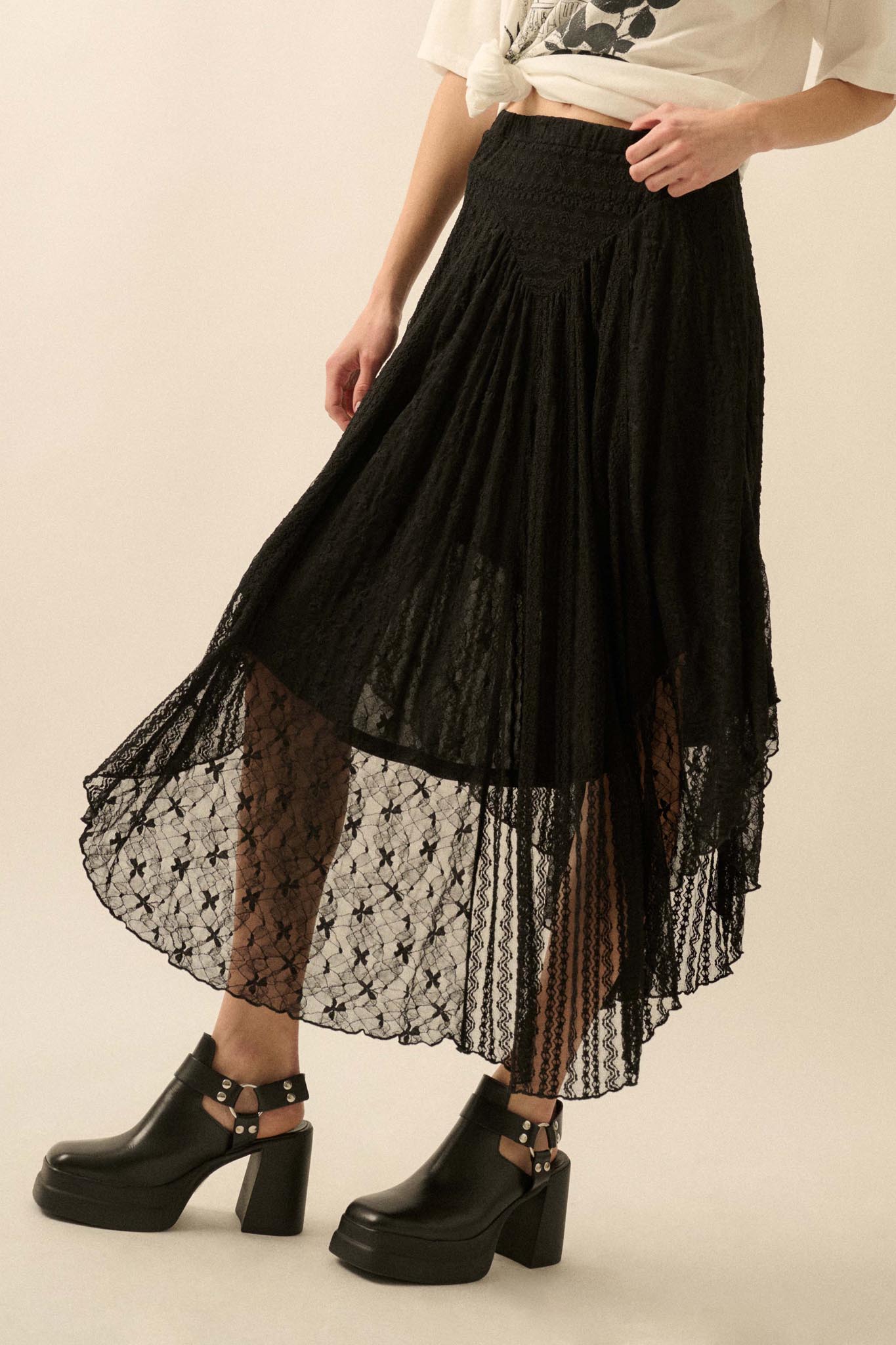 Just Divine Lace Drop-Waist Handkerchief Midi Skirt - ShopPromesa
