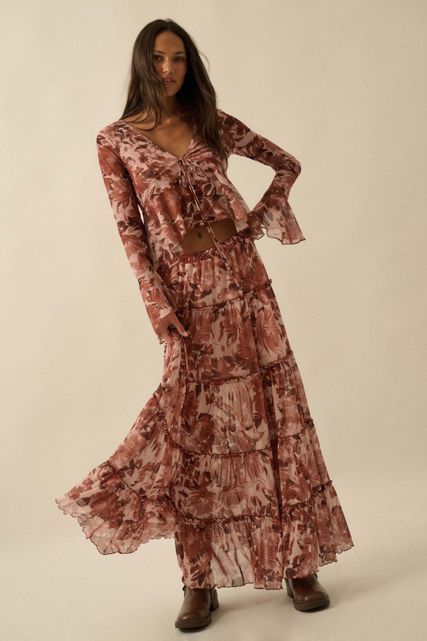 Gorgeous Garden Floral Mesh Tiered Maxi Skirt - ShopPromesa