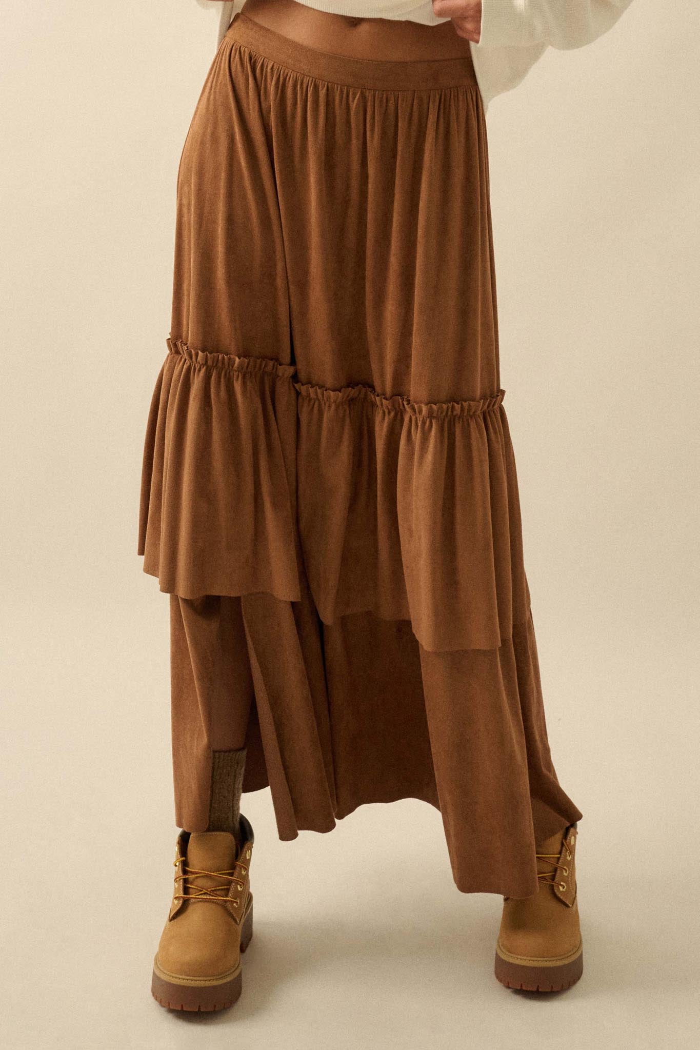 Tender Touch Vegan Suede Tiered Ruffle Maxi Skirt - ShopPromesa