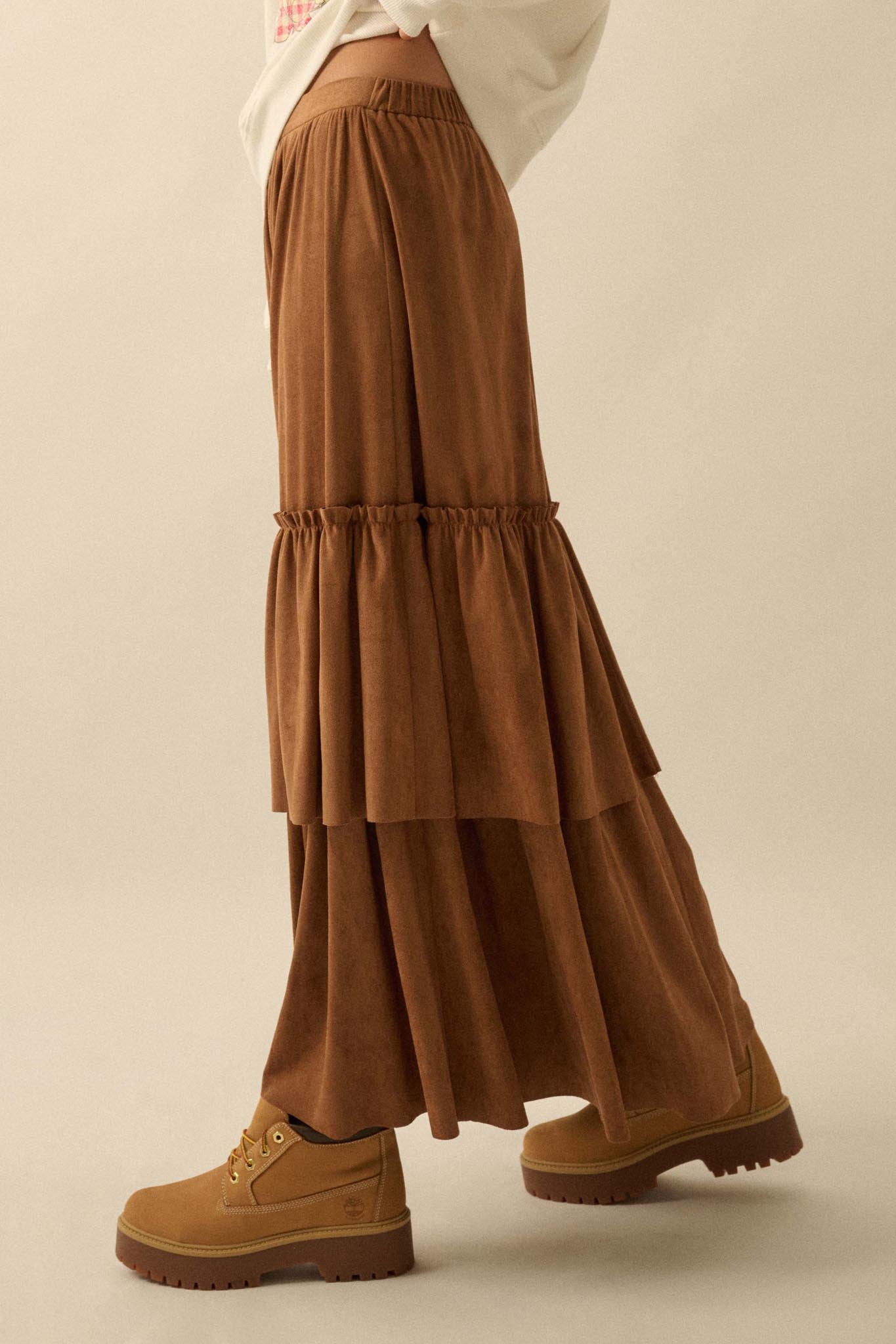Tender Touch Vegan Suede Tiered Ruffle Maxi Skirt - ShopPromesa