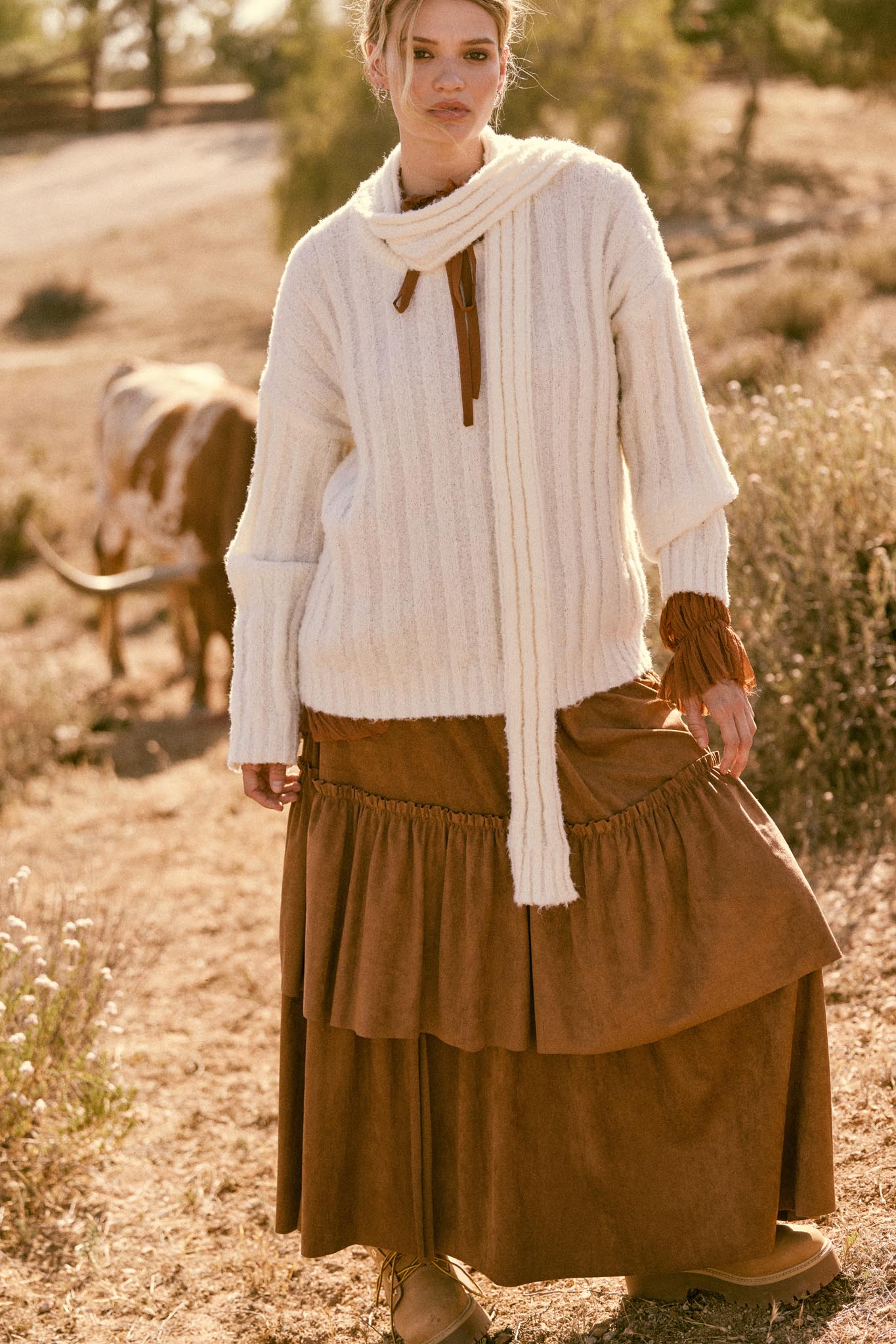Tender Touch Vegan Suede Tiered Ruffle Maxi Skirt - ShopPromesa