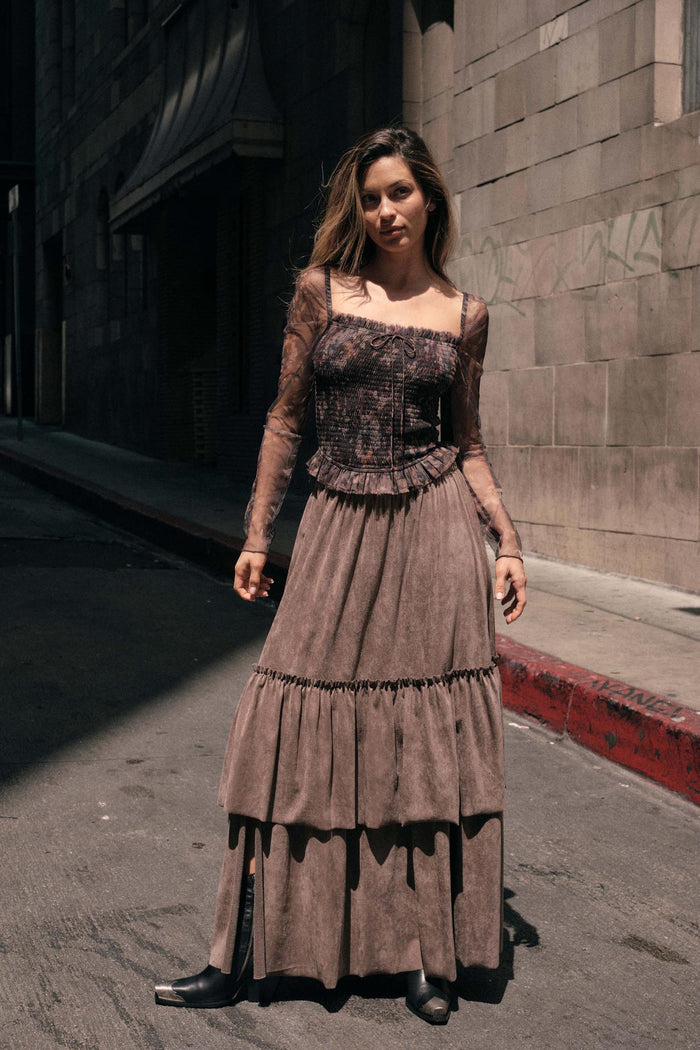 Tender Touch Vegan Suede Tiered Ruffle Maxi Skirt - ShopPromesa