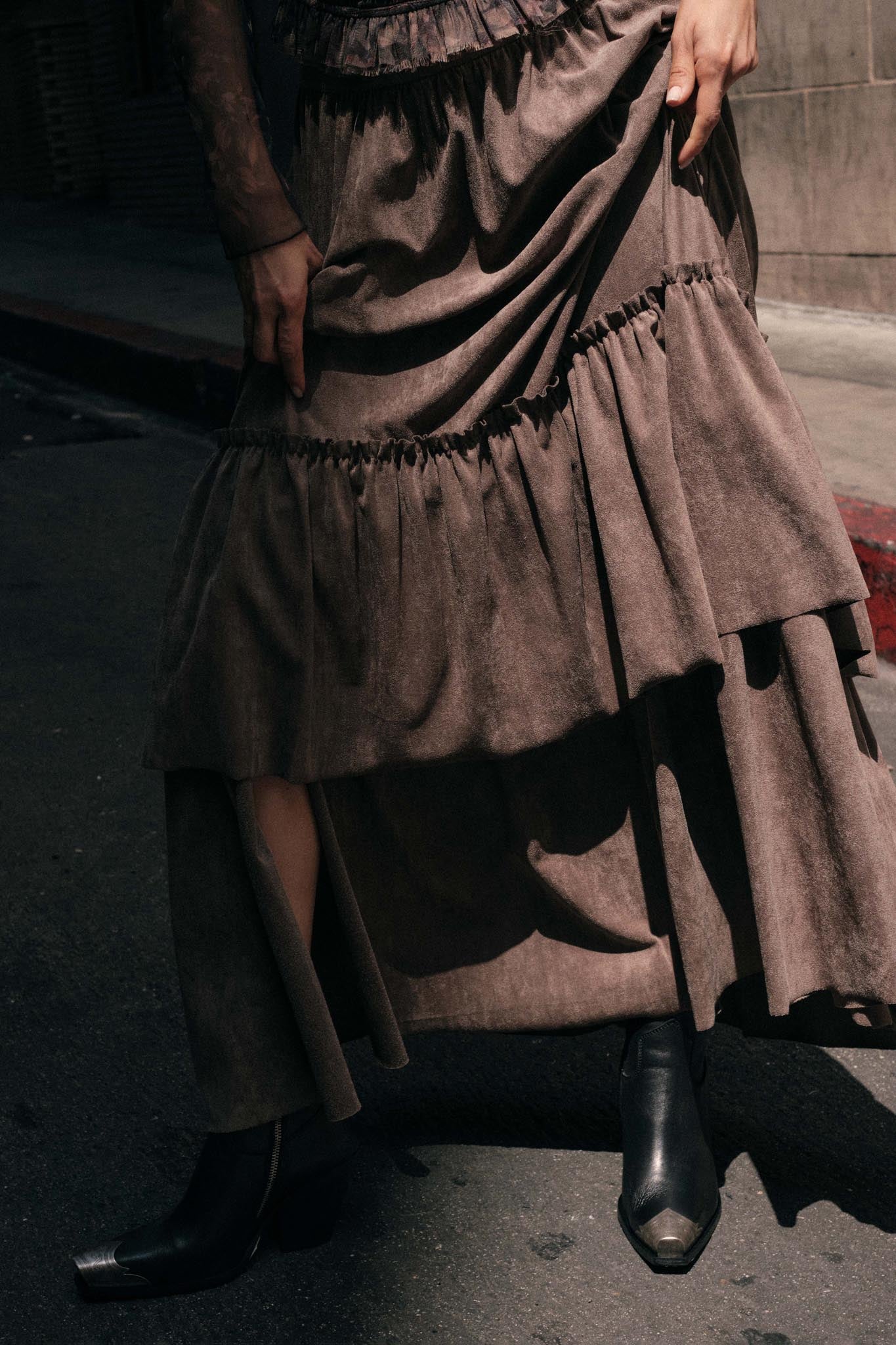 Tender Touch Vegan Suede Tiered Ruffle Maxi Skirt - ShopPromesa