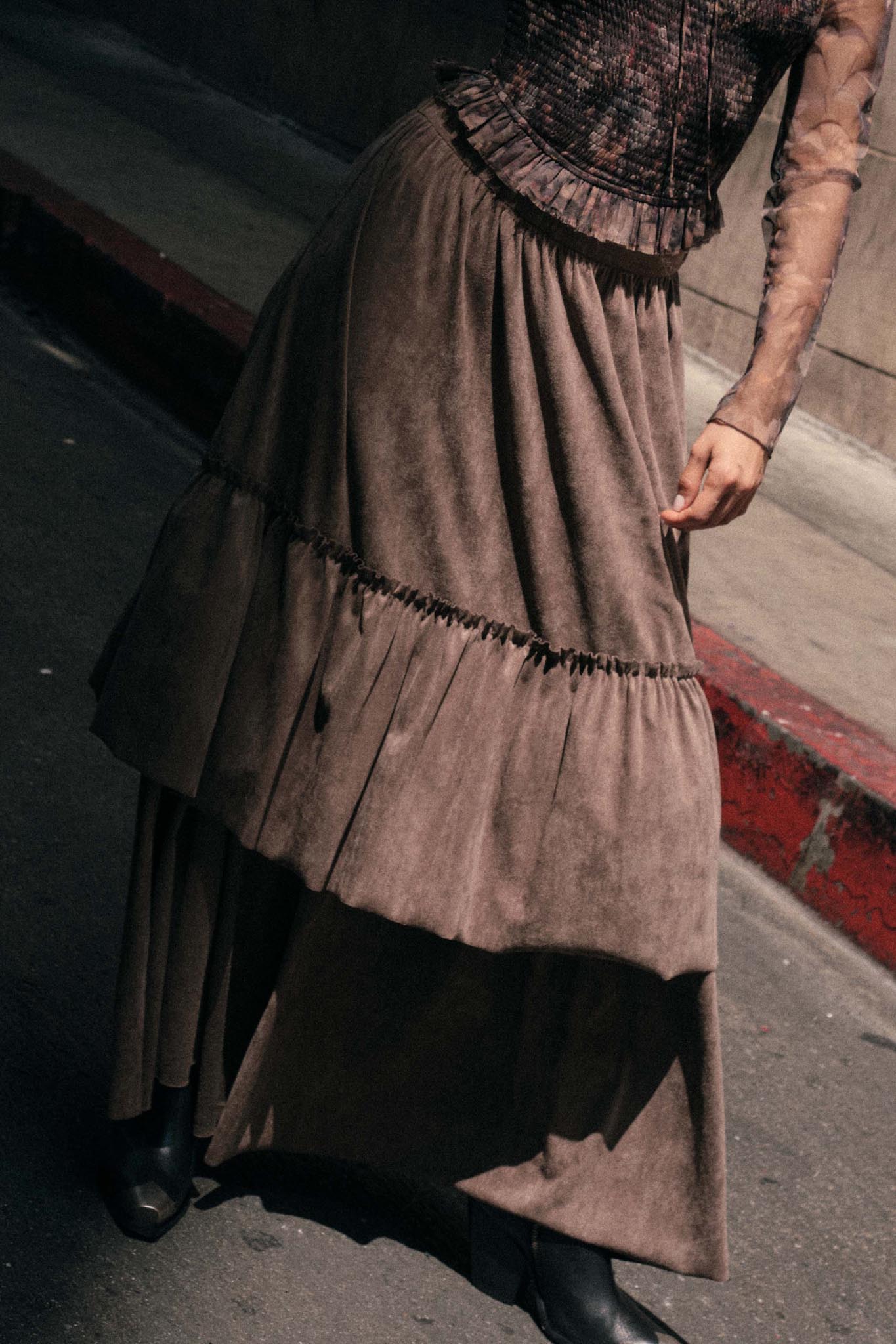 Tender Touch Vegan Suede Tiered Ruffle Maxi Skirt - ShopPromesa