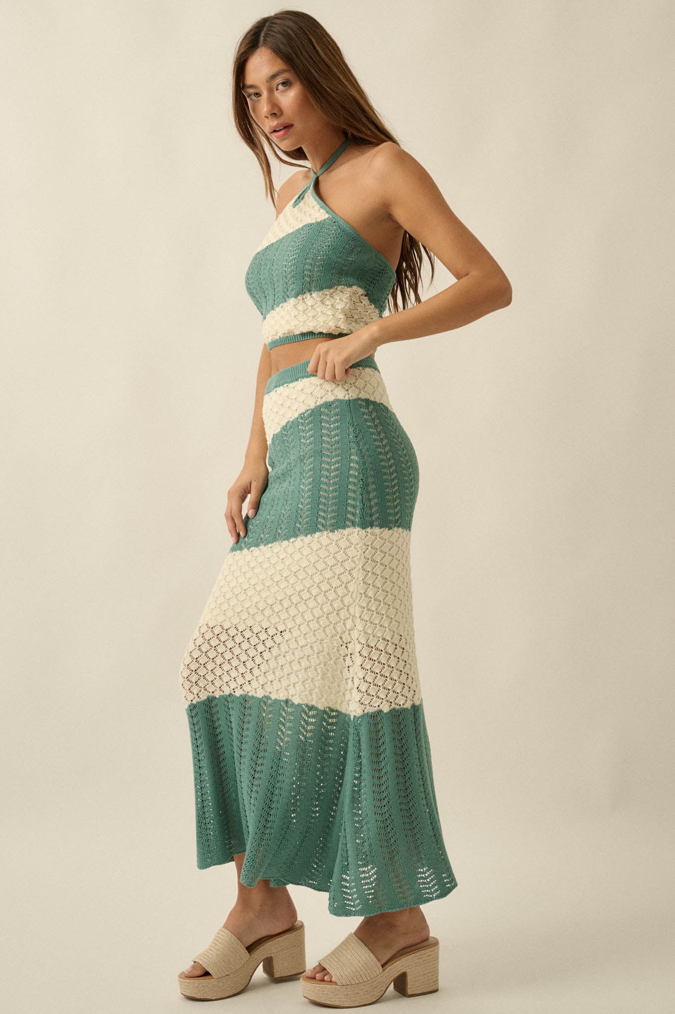 Horizon Line Colorblock Crochet-Knit Maxi Skirt - ShopPromesa