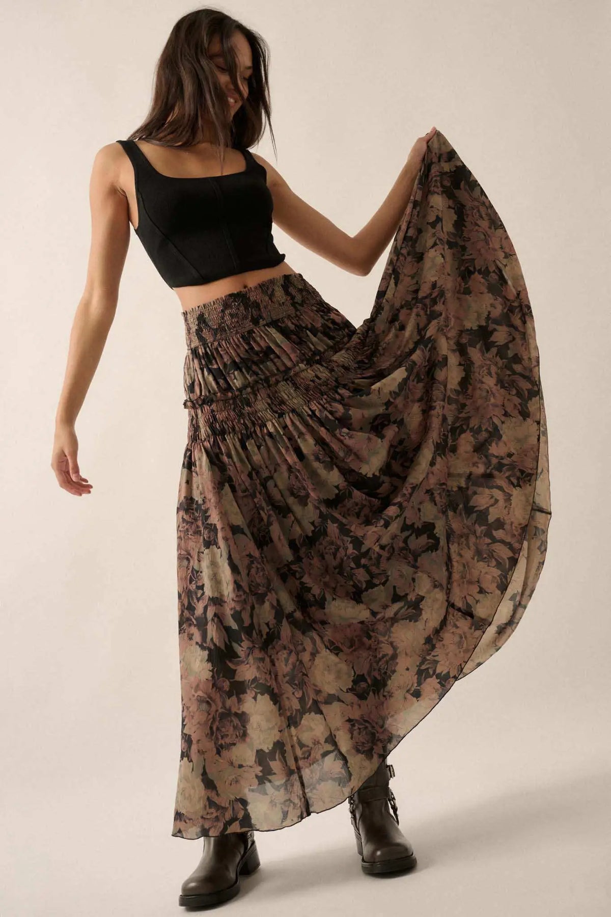 Blooming Tendrils Floral Gauze Buttoned Maxi Skirt