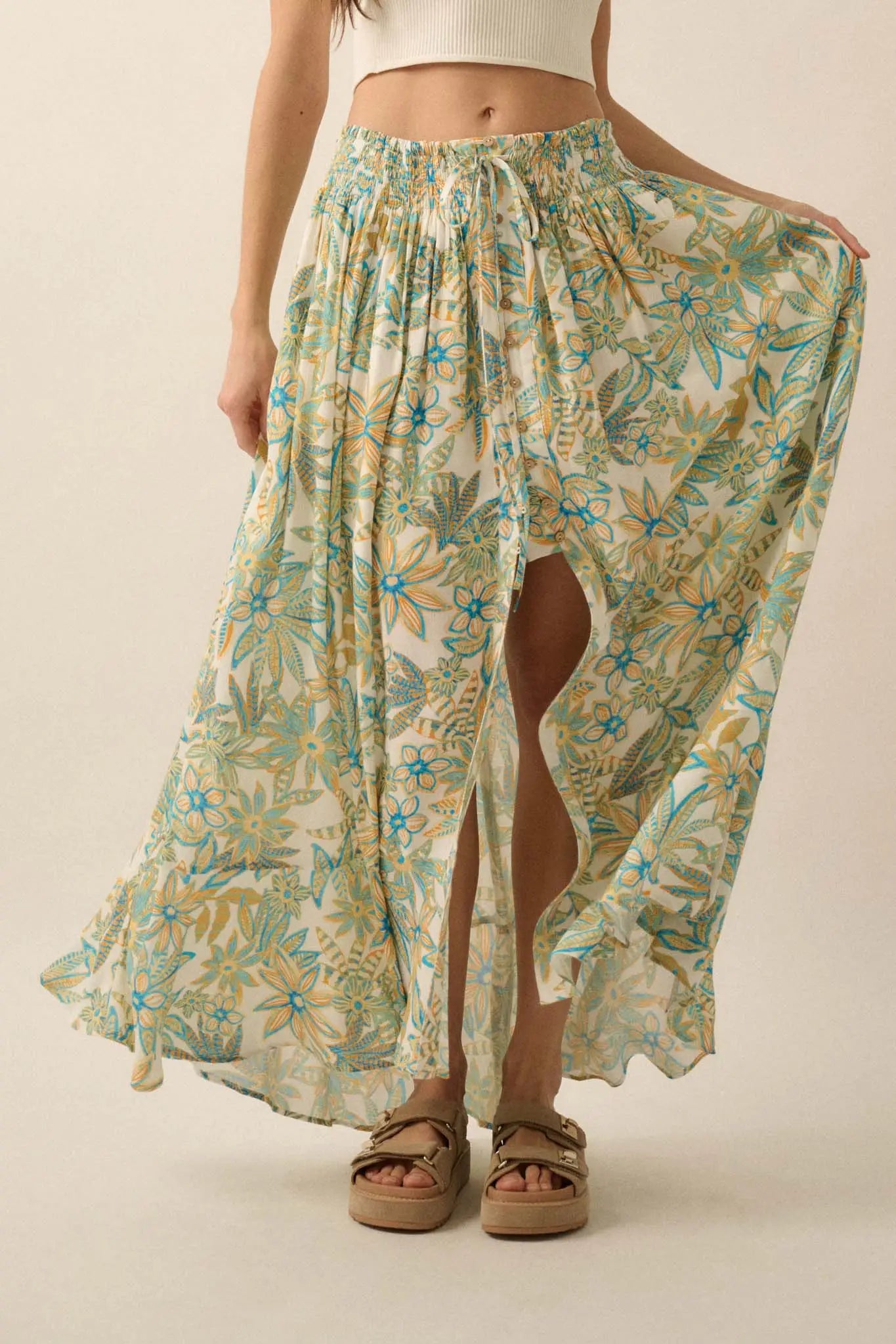 Blooming Bounty Floral Crepe Buttoned Maxi Skirt - ShopPromesa