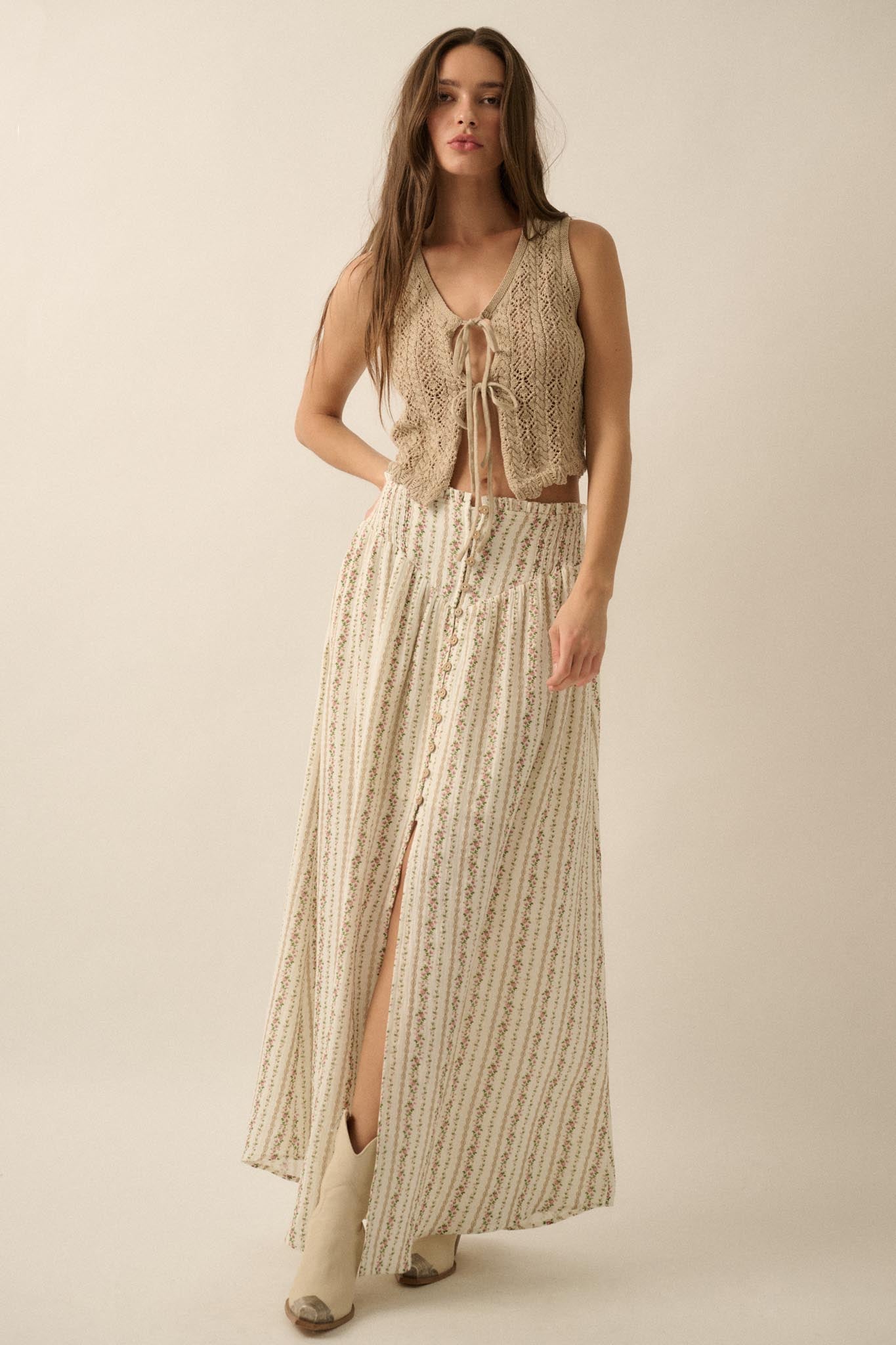 Blooming Tendrils Floral Gauze Buttoned Maxi Skirt
