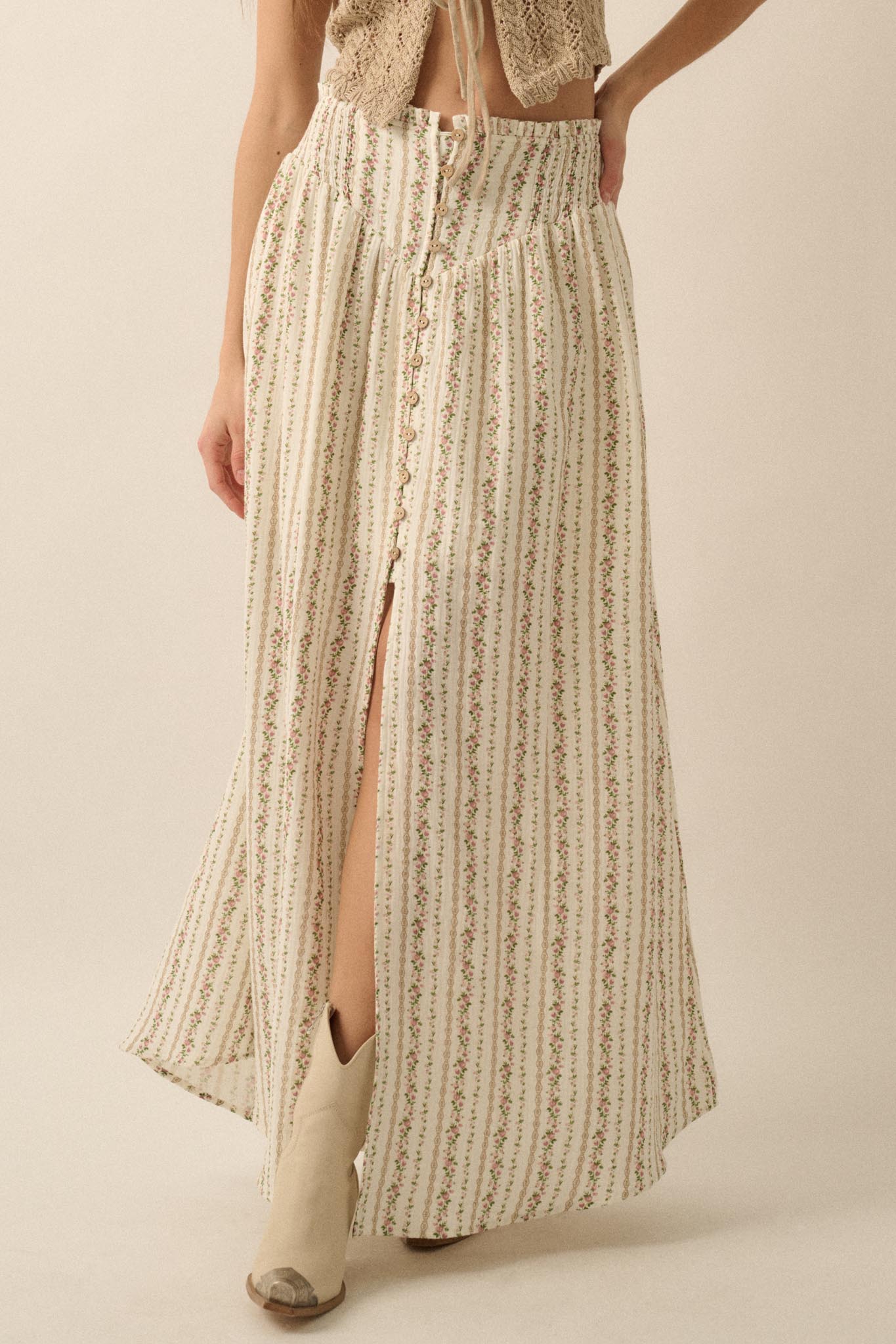 Blooming Tendrils Floral Gauze Buttoned Maxi Skirt