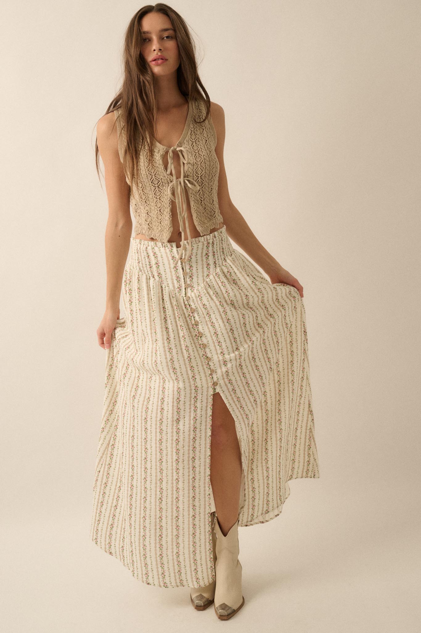 Blooming Tendrils Floral Gauze Buttoned Maxi Skirt