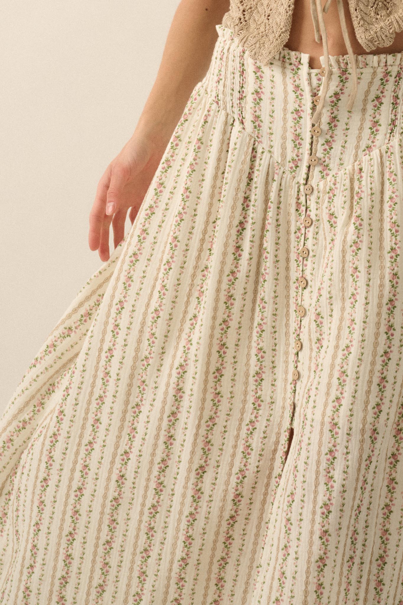 Blooming Tendrils Floral Gauze Buttoned Maxi Skirt