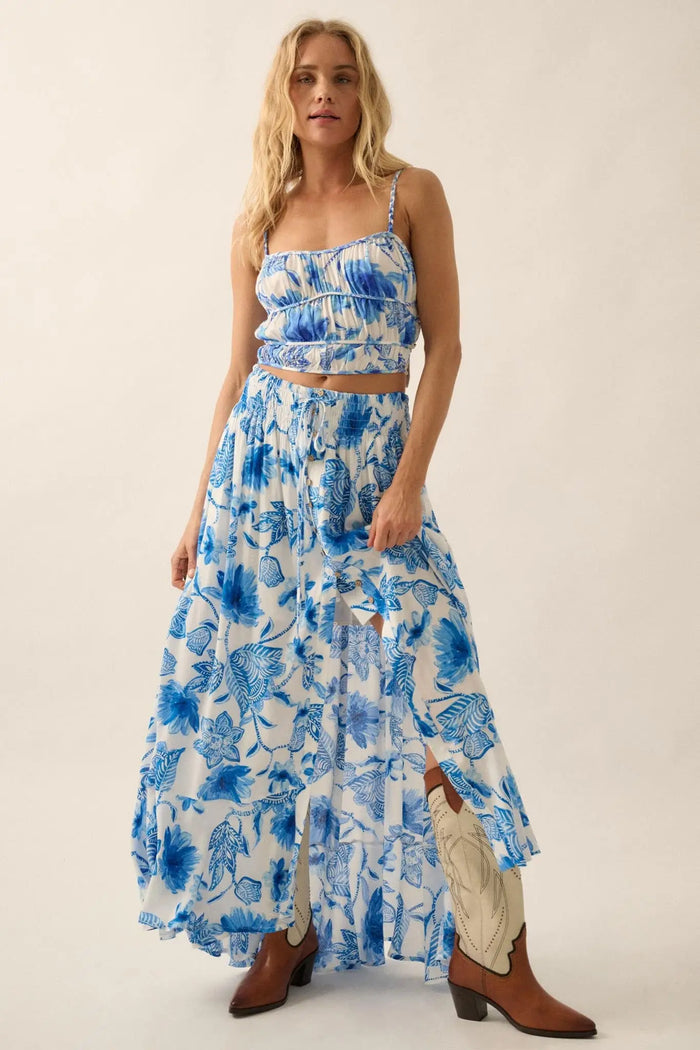 Blossoming Blues Floral Button-Front Maxi Skirt - ShopPromesa